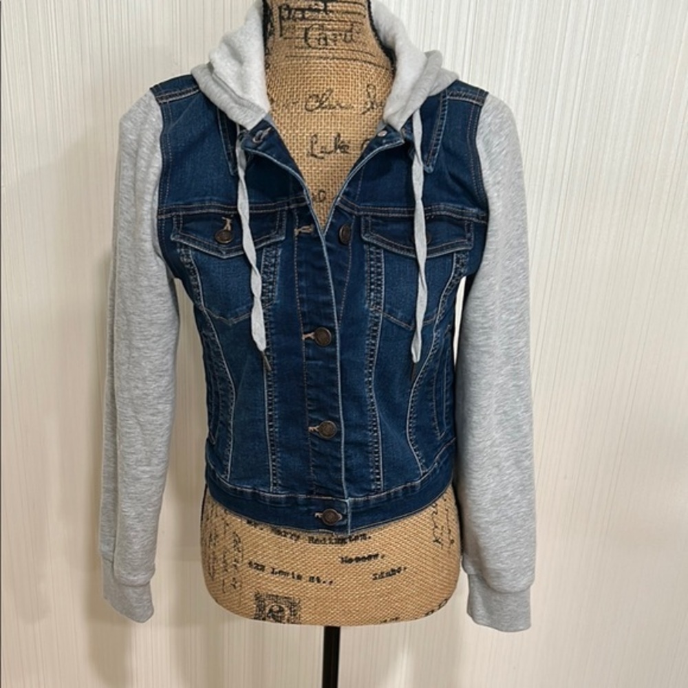 Wax Jean Denim Jacket with Gray Sleeves and Hood